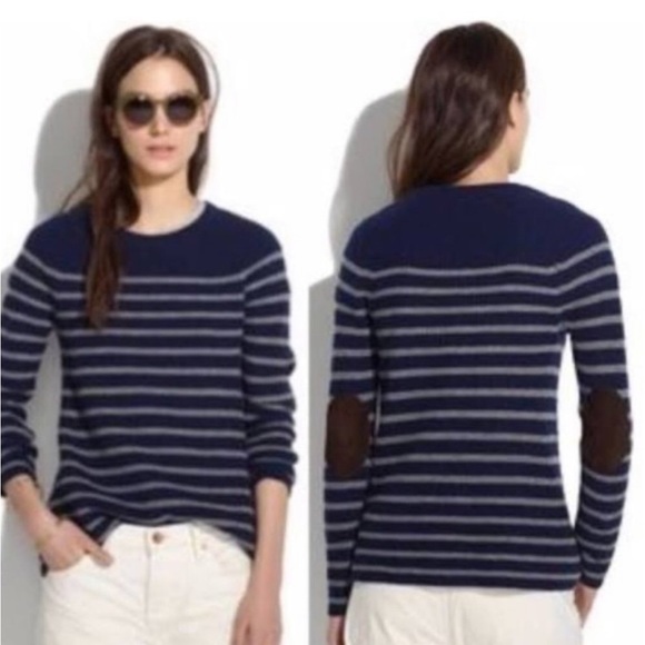 Madewell Sweaters - Madewell 💯% merino stadium striped sweater, leather elbow patches, item 07741